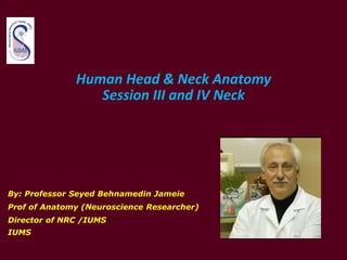 Human Head & Neck Anatomy
Session III and IV Neck
By: Professor Seyed Behnamedin Jameie
Prof of Anatomy (Neuroscience Researcher)
Director of NRC /IUMS
IUMS
 