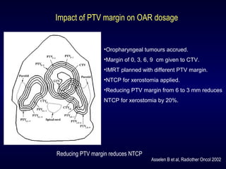 Impact of PTV margin on OAR dosage
Asselen B et al, Radiother Oncol 2002
•Oropharyngeal tumours accrued.
•Margin of 0, 3, 6, 9 cm given to CTV.
•IMRT planned with different PTV margin.
•NTCP for xerostomia applied.
•Reducing PTV margin from 6 to 3 mm reduces
NTCP for xerostomia by 20%.
Reducing PTV margin reduces NTCP
 