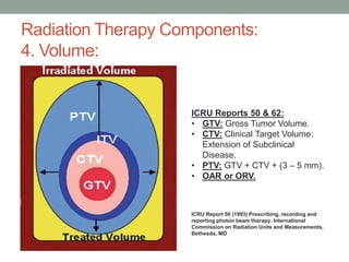 Radiation Therapy Components:
4. Volume:
ICRU Reports 50 & 62:
• GTV: Gross Tumor Volume.
• CTV: Clinical Target Volume:
Extension of Subclinical
Disease.
• PTV: GTV + CTV + (3 – 5 mm).
• OAR or ORV.
ICRU Report 50 (1993) Prescribing, recording and
reporting photon beam therapy. International
Commission on Radiation Units and Measurements,
Bethesda, MD
 