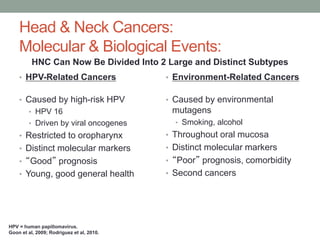 Head & Neck Cancers:
Molecular & Biological Events:
• HPV-Related Cancers
• Caused by high-risk HPV
• HPV 16
• Driven by viral oncogenes
• Restricted to oropharynx
• Distinct molecular markers
• “Good” prognosis
• Young, good general health
• Environment-Related Cancers
• Caused by environmental
mutagens
• Smoking, alcohol
• Throughout oral mucosa
• Distinct molecular markers
• “Poor” prognosis, comorbidity
• Second cancers
HNC Can Now Be Divided Into 2 Large and Distinct Subtypes
HPV = human papillomavirus.
Goon et al, 2009; Rodriguez et al, 2010.
 