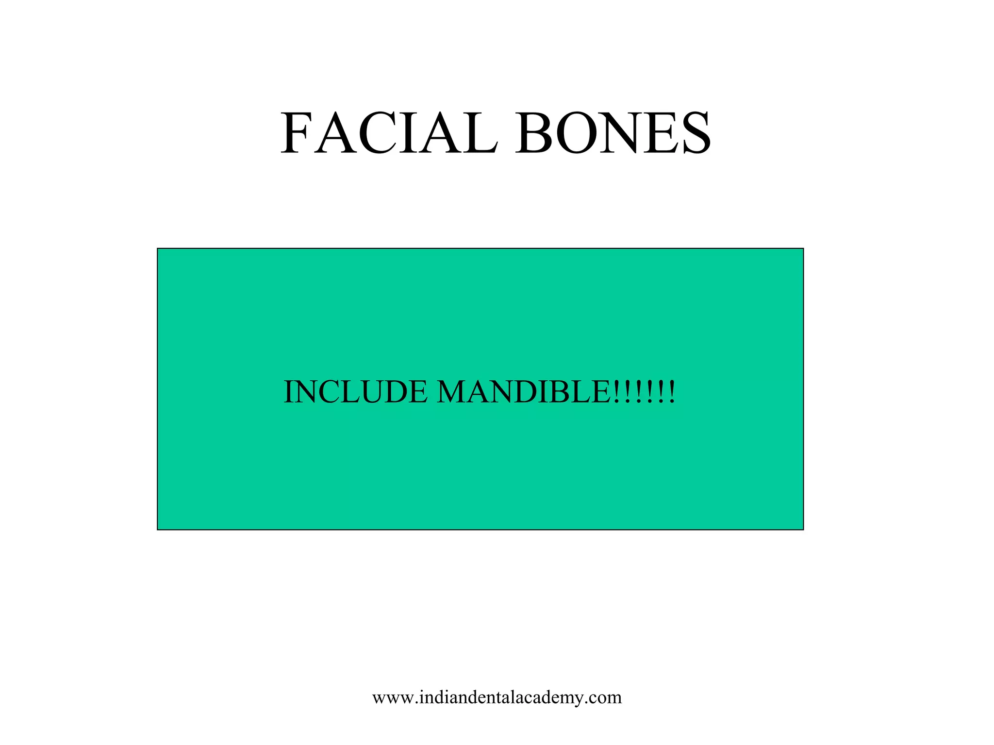 FACIAL BONES

INCLUDE MANDIBLE!!!!!!

www.indiandentalacademy.com

 