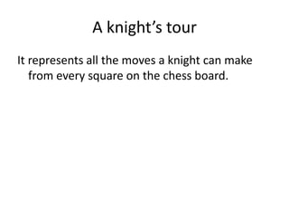 A knight’s tourIt represents all the moves a knight can make from every square on the chess board.