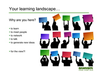 Why are you here? to learn to meet people  to network to talk to generate new ideas for the view?! Your learning landscape… 