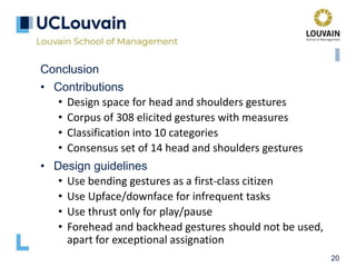 20
Conclusion
• Contributions
• Design space for head and shoulders gestures
• Corpus of 308 elicited gestures with measures
• Classification into 10 categories
• Consensus set of 14 head and shoulders gestures
• Design guidelines
• Use bending gestures as a first-class citizen
• Use Upface/downface for infrequent tasks
• Use thrust only for play/pause
• Forehead and backhead gestures should not be used,
apart for exceptional assignation
 