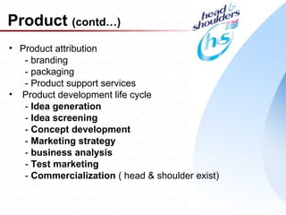 Product (contd…)
• Product attribution
   - branding
   - packaging
   - Product support services
• Product development life cycle
   - Idea generation
   - Idea screening
   - Concept development
   - Marketing strategy
   - business analysis
   - Test marketing
   - Commercialization ( head & shoulder exist)

                                                  21
 