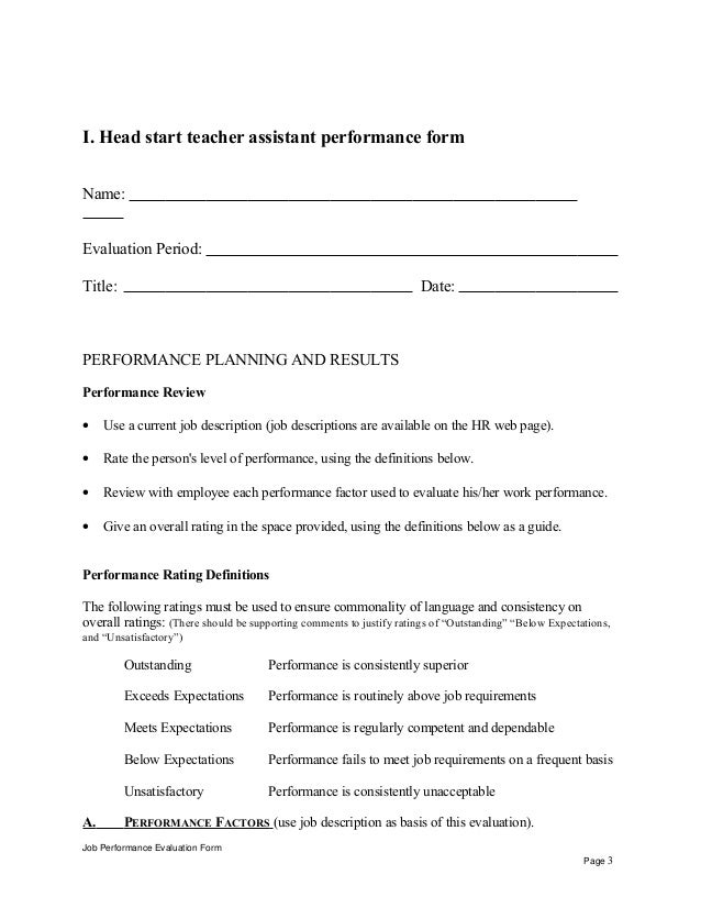 Head start teacher assistant performance appraisal