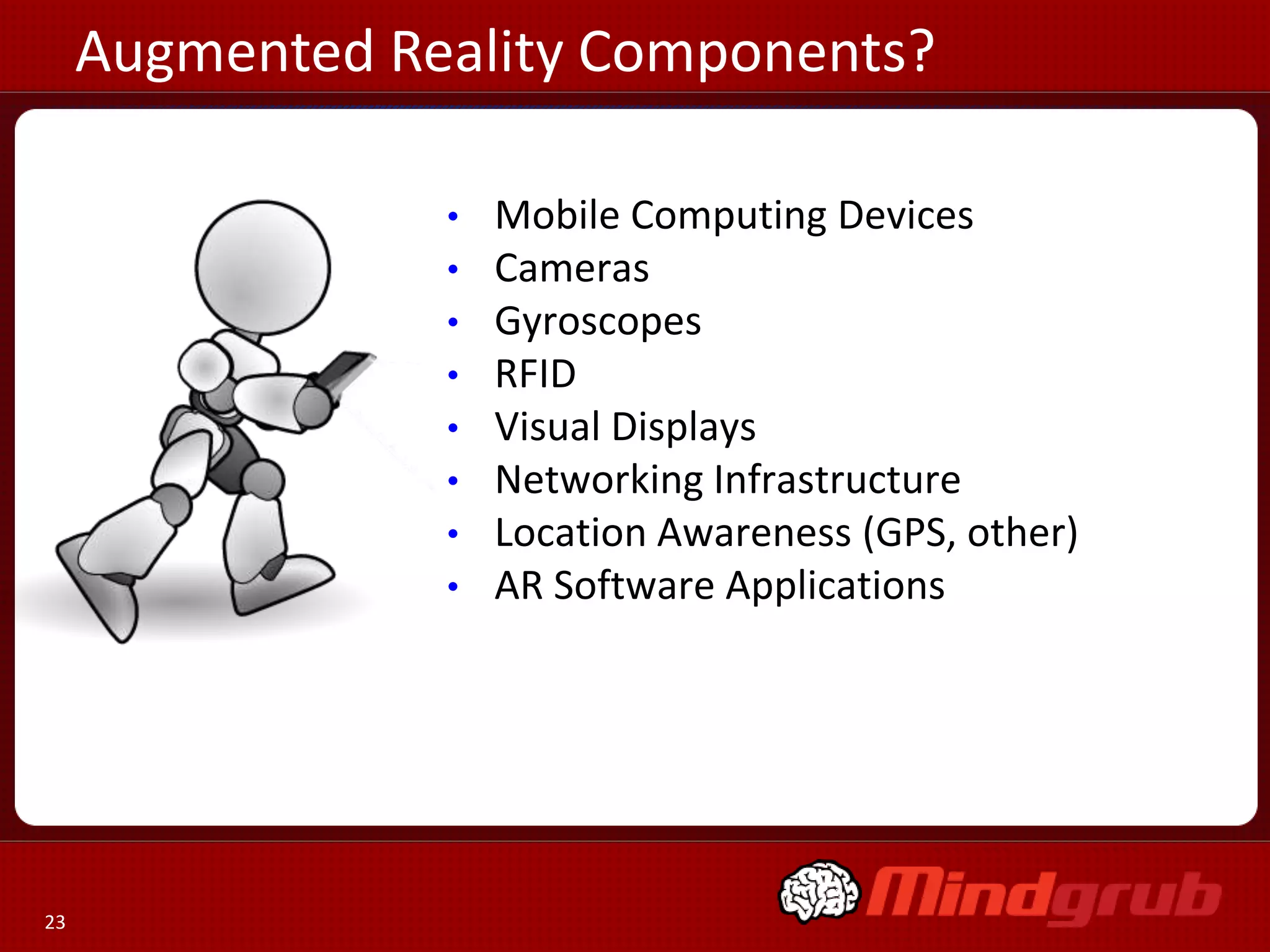 Augmented Reality Components?
•
•
•
•
•
•
•
•

23

Mobile Computing Devices
Cameras
Gyroscopes
RFID
Visual Displays
Networking Infrastructure
Location Awareness (GPS, other)
AR Software Applications

 