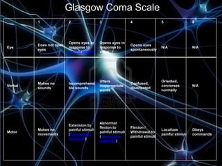 Glasgow Coma Scale 
1 2 3 4 5 6 
Eye 
Does not open 
eyes 
Opens eyes in 
response to 
painful stimuli 
Opens eyes in 
response to 
voice 
Opens eyes 
spontaneously 
N/A N/A 
Verbal 
Makes no 
sounds 
Incomprehensi 
ble sounds 
Utters 
inappropriate 
words 
Confused, 
disoriented 
Oriented, 
converses 
normally 
N/A 
Motor 
Makes no 
movements 
Extension to 
painful stimuli 
(decerebrate 
response) 
Abnormal 
flexion to 
painful stimuli 
(decorticate 
response) 
Flexion / 
Withdrawal to 
painful stimuli 
Localizes 
painful stimuli 
Obeys 
commands 
 