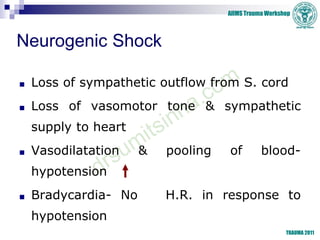 AIIMS Trauma Workshop
TRAUMA 2011
Neurogenic Shock
■ Loss of sympathetic outflow from S. cord
■ Loss of vasomotor tone & s...