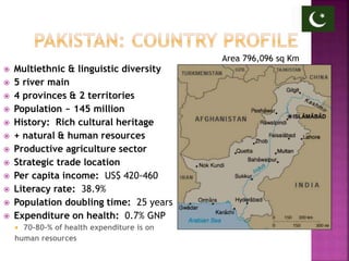  Multiethnic & linguistic diversity
 5 river main
 4 provinces & 2 territories
 Population ~ 145 million
 History: Rich cultural heritage
 + natural & human resources
 Productive agriculture sector
 Strategic trade location
 Per capita income: US$ 420-460
 Literacy rate: 38.9%
 Population doubling time: 25 years
 Expenditure on health: 0.7% GNP
 70-80-% of health expenditure is on
human resources
Area 796,096 sq Km
 