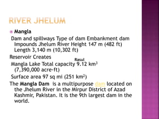  Mangla
Dam and spillways Type of dam Embankment dam
Impounds Jhelum River Height 147 m (482 ft)
Length 3,140 m (10,302 ft)
Reservoir Creates
Mangla Lake Total capacity 9.12 km3
(7,390,000 acre·ft)
Surface area 97 sq mi (251 km2)
The Mangla Dam is a multipurpose dam located on
the Jhelum River in the Mirpur District of Azad
Kashmir, Pakistan. It is the 9th largest dam in the
world.
Rasul
 