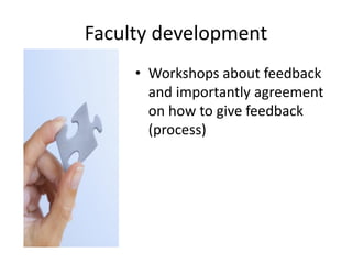 Faculty development
     • Workshops about feedback
       and importantly agreement
       on how to give feedback
       (process)
 