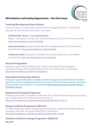 HEA Initiatives and Funding Opportunities – One Click Away!

Teaching Development Grant Scheme
Funding to support evidence-based research and to encourage innovations in learning and
teaching that have the potential for sector-wide impact.

-   Individual bids: Phase 1 – see awarded bids at:
    Phase 2 - Call opened 3 January 2012, closed 19 February 2012. Up to £7k for successful bids.
    http://www.heacademy.ac.uk/funding#tdg

-   Departmental bids:Call opened September 2011, closedNovember 2011. Up to £30k for
    successful bids. http://www.heacademy.ac.uk/funding#tdg

-   Collaborative bids: Call opened 27 February 2012, closed 22 April 2012. Up to £60k for
    successful bids. http://www.heacademy.ac.uk/funding#tdg


Doctoral Programme
Funding to support PhD studentships with a focus on learning and teaching research.
Call opened 3 January 2012, closed10 February 2012. Up to £20k p.a. for successful bids.
http://www.heacademy.ac.uk/doctoral-programme


International Scholarship Scheme
Funding to support individuals to undertake specific investigations outside of the UK and deliver
specific outcomes for dissemination within the UK sector at the end of the scholarship. Call closed
31 January 2012. Up to £20k p.a. for successful bids.http://www.heacademy.ac.uk/international-
scholarship-scheme


Departmental Change Programme
Responding to the NSS - Call opened 19 December 2011, closed 13 February 2012 for proposals to
join a Change Programme in engineering. Information at:
http://www.heacademy.ac.uk/resources/detail/change/NSS_DISC_CP_11-12


Change Academy Programme (2012/13)
The HEA‟s flagship institutional change programme, delivered in partnership with the Leadership
Foundation since 2004. Call closed 2 March 2012. Information at:
http://www.heacademy.ac.uk/resources/detail/change/change_academy

Students as Partners Change Programme (2012/13)
May 2012
 