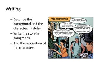 Writing
– Describe the
background and the
characters in detail
– Write the story in
paragraphs
– Add the motivation of
the characters

 