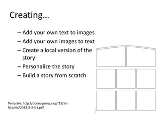 Creating…
– Add your own text to images
– Add your own images to text
– Create a local version of the
story
– Personalize the story
– Build a story from scratch

Template: http://donnayoung.org/f13/artf/comic/2013-2-3-3-t.pdf

 