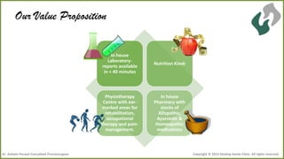 Our Value Proposition
In house
Laboratoryreports available
in < 40 minutes

Physiotherapy
Centre with earmarked areas for
rehabilitation,
occupational
therapy and painmanagement.

Dr .Ashwin Porwal-Consultant Proctosurgeon

Nutrition Kiosk

In house
Pharmacy with
stocks of
Allopathic,
Ayurvedic &
Homeopathic
medications

Copyright © 2013 Healing Hands Clinic. All rights reserved.

 
