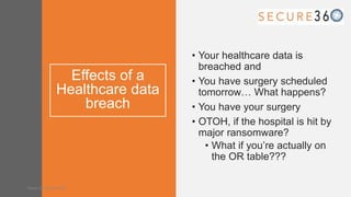 Effects of a
Healthcare data
breach
• Your healthcare data is
breached and
• You have surgery scheduled
tomorrow… What happens?
• You have your surgery
• OTOH, if the hospital is hit by
major ransomware?
• What if you’re actually on
the OR table???
Tweet along: #Sec360
 