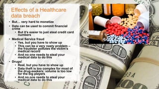 Effects of a Healthcare
data breach
• But… very hard to monetize
• Data can be used to commit financial
crime
• But it’s easier to just steal credit card
numbers
• Medical Service fraud
• Yes, but you have to show up
• This can be a very nasty problem –
the fraudster pollutes the victim’s
medical record
• And no one needs to steal your
medical data to do this
• Drugs!
• Real, but you have to show up
• Data theft is too complex for most of
the drug-seekers; volume is too low
for the big players
• And no one needs to steal your
medical data to do this
 