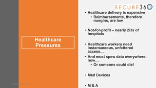 Healthcare
Pressures
• Healthcare delivery is expensive
• Reimbursements, therefore
margins, are low
• Not-for-profit – nearly 2/3s of
hospitals
• Healthcare workers need
instantaneous, unfettered
access…
• And must spew data everywhere,
now…
• Or someone could die!
• Med Devices
• M & A
Tweet along: #Sec360
 