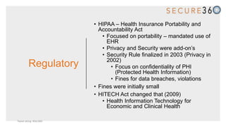 Regulatory
• HIPAA – Health Insurance Portability and
Accountability Act
• Focused on portability – mandated use of
EHR
• Privacy and Security were add-on’s
• Security Rule finalized in 2003 (Privacy in
2002)
• Focus on confidentiality of PHI
(Protected Health Information)
• Fines for data breaches, violations
• Fines were initially small
• HITECH Act changed that (2009)
• Health Information Technology for
Economic and Clinical Health
Tweet along: #Sec360
 