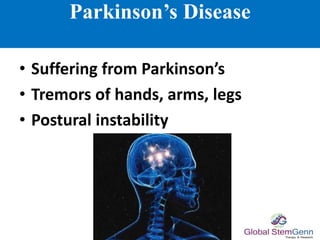 Parkinson’s Disease
• Suffering from Parkinson’s
• Tremors of hands, arms, legs
• Postural instability
 