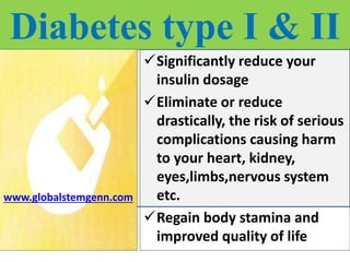 Diabetes type I & II
Significantly reduce your
insulin dosage
Eliminate or reduce
drastically, the risk of serious
complications causing harm
to your heart, kidney,
eyes,limbs,nervous system
etc.
Regain body stamina and
improved quality of life
www.globalstemgenn.com
 