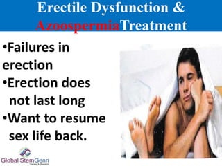 Erectile Dysfunction &
AzoospermiaTreatment
•Failures in
erection
•Erection does
not last long
•Want to resume
sex life back.
 
