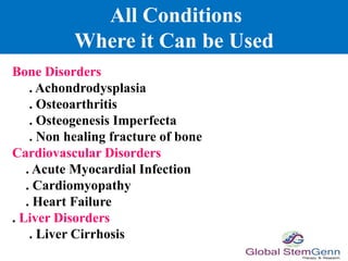 All Conditions
Where it Can be Used
Bone Disorders
. Achondrodysplasia
. Osteoarthritis
. Osteogenesis Imperfecta
. Non healing fracture of bone
Cardiovascular Disorders
. Acute Myocardial Infection
. Cardiomyopathy
. Heart Failure
. Liver Disorders
. Liver Cirrhosis
 