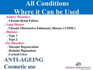 All Conditions
Where it Can be Used
. Kidney Disorders
. Chronic Renal Failure
. Lung Disease
. Chronic Obstructive Pulmonary Disease ( COPD )
. Diabetes
. Type 1
. Type 2
. Eye Disorders
. Macular Degeneration
. Retinitis Pigmentosa
.Corneal Ulcer
ANTI-AGEING
Cosmetic use
 