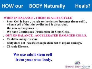. WHEN IN BALANCE , THERE IS A LIFE CYCLE
- Stem Cell is born , travels to the tissue ( becomes tissue cell ) ,
when a cell of that tissue dies and is discarded ,
the new cell replaces it.
- We have Continuous Production Of Stem Cells.
. OUT OF BALANCE , ACCELERATED DAMAGED CELLS.
- Could be many reasons.
- Body does not release enough stem cell to repair damage.
- Chronic Disease.
We use adult stem cell
from your own body.
HOW our BODY Naturally Heals?
 