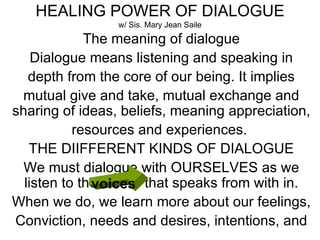 HEALING POWER OF DIALOGUE w/ Sis. Mary Jean Saile The meaning of dialogue Dialogue means listening and speaking in depth from the core of our being. It implies mutual give and take, mutual exchange and sharing of ideas, beliefs, meaning appreciation,  resources and experiences.  THE DIIFFERENT KINDS OF DIALOGUE We must dialogue with OURSELVES as we listen to the  that speaks from with in. When we do, we learn more about our feelings, Conviction, needs and desires, intentions, and voices 