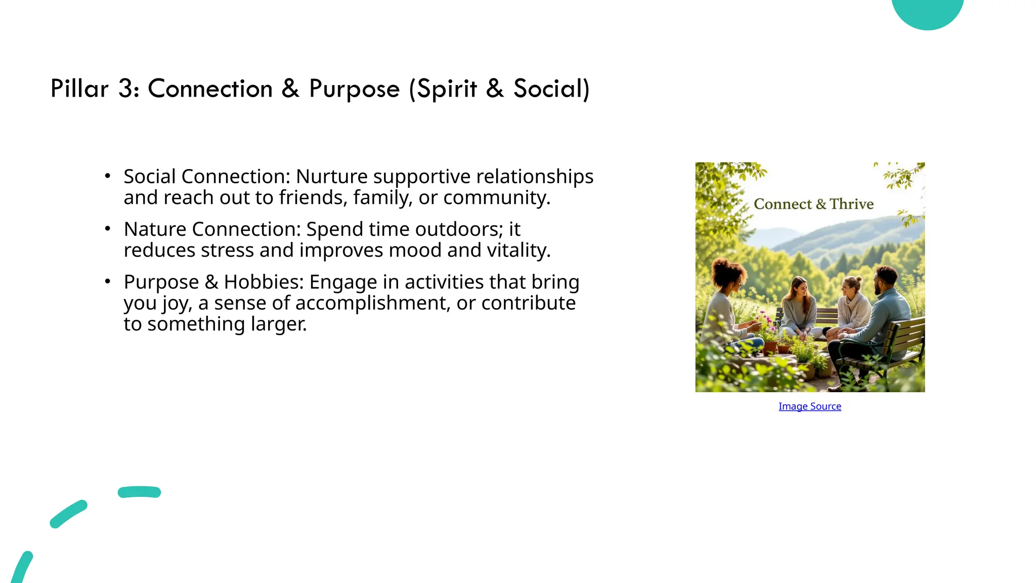 Pillar 3: Connection & Purpose (Spirit & Social)
• Social Connection: Nurture supportive relationships
and reach out to friends, family, or community.
• Nature Connection: Spend time outdoors; it
reduces stress and improves mood and vitality.
• Purpose & Hobbies: Engage in activities that bring
you joy, a sense of accomplishment, or contribute
to something larger.
Image Source
 
