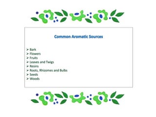  Bark
 Flowers
 Fruits
 Leaves and Twigs
 Resins
 Roots, Rhizomes and Bulbs
 Seeds
 Woods
 