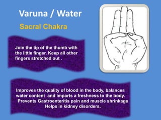 Surya /Sun Mudra Bring the tip of the ring finger at the base of the thumb and slightly press the thumb over it.Helps in reducing body weight.Reduces cholesterolBrings down anxietyHelps in indigestion