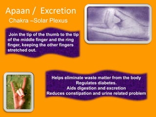 Varuna / WaterSacral ChakraJoin the tip of the thumb with the little finger. Keep all other fingers stretched out .Improves the quality of blood in the body, balances water content  and imparts a freshness to the body.    Prevents Gastroenteritis pain and muscle shrinkage    Helps in kidney disorders.