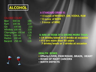 ALCOHOL CALORIE COUNT Beer  500 ml  180 Rum  100 ml  220 Gin  100 ml  220 Whiskey 100 ml  220 Champagne 100 ml  126 Sherry  100 ml  110 Martini  100 ml  75 Bacardi  250 ml  118 HEALTH  RISKS Effects LIVER, PANCREASE, BRAIN,  HEART RISKS OF MANY CANCERS BIRTH DEFECTS A STANDARD DRINK IS : 1.5 ounce of WHISKEY, GIN, VODKA, RUM 12 ounce  of BEER 5 ounce  of WINE U ARE AT RISK IF U DRINK MORE THAN - 14 drinks/week or 4 drinks at occasion if U are more than 65 years 7 drinks/week or 3 drinks at occasion 