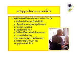10 สัญญาณอันตราย...สมองเสื่อม!
1. สูญเสียความจําในระยะสั้น ทีกระทบตอการทํางาน
                                  ่
   2. สิ่งที่เคยทําเปนประจําเริ่มทําไมเปน
      สงทเคยทาเปนประจาเรมทาไมเปน
   3. ปญหาดานภาษา เลือกคําพูดไมคอยถูก 
   4. ไมรูเวลา และสถานที่
   5. สูญเสียการตัดสินใจ
   6. ไมคอยเขาใจความคิดที่เปนนามธรรม
            
   7. วางของผดทแปลกๆ
   7 วางของผิดที่แปลกๆ
   8. อารมณหรือพฤติกรรมเปลี่ยนแปลง
   9. บคลิกภาพเปลี่ยนแปลง และ
      บุคลกภาพเปลยนแปลง
   10. สูญเสียความคิดริเริ่ม
 