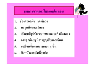 ผลการขาดฮอรโมนเอสโตรเจน
        ผลการขาดฮอรโมนเอสโตรเจน

1.   ชองคลอดมีขนาดเล็กลง
2.    มลลูกมีีขนาดเล็็กลง
3.
3     เตานมมรูปรางขนาดและความตงตวลดลง
      เตานมมีรปรางขนาดและความตึงตัวลดลง
4.    กระดูกคอยๆ มการสูญเสยแคลเซยม
      กระดกคอยๆ มีการสญเสียแคลเซียม
5.    จะมีขนขึนตามรางกายมากขึ้น
               ้
6.    ผิวหนังจะแหงเหี่ยวยน
 