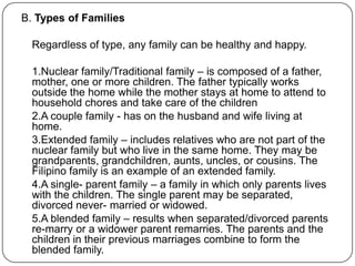 B. Types of Families
Regardless of type, any family can be healthy and happy.
1.Nuclear family/Traditional family – is composed of a father,
mother, one or more children. The father typically works
outside the home while the mother stays at home to attend to
household chores and take care of the children
2.A couple family - has on the husband and wife living at
home.
3.Extended family – includes relatives who are not part of the
nuclear family but who live in the same home. They may be
grandparents, grandchildren, aunts, uncles, or cousins. The
Filipino family is an example of an extended family.
4.A single- parent family – a family in which only parents lives
with the children. The single parent may be separated,
divorced never- married or widowed.
5.A blended family – results when separated/divorced parents
re-marry or a widower parent remarries. The parents and the
children in their previous marriages combine to form the
blended family.
 