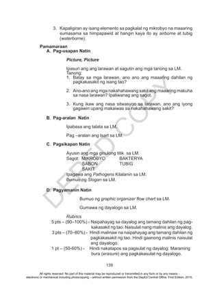 D
EPED
C
O
PY
139
3.	 Kapaligiran ay isang elemento sa pagkalat ng mikrobyo na maaaring
sumasama sa himpapawid at hangin kaya ito ay airborne at tubig
(waterborne).
Pamamaraan
A.	 Pag-usapan Natin
Picture, Picture
Ipasuri ang ang larawan at sagutin ang mga tanong sa LM.
Tanong:
1.	 Batay sa mga larawan, ano ano ang maaaring dahilan ng
pagkakasakit ng isang tao?
2.	 Ano-ano ang mga nakahahawang sakit ang maaaring makuha
sa nasa larawan? Ipaliwanag ang sagot.
3.	 Kung ikaw ang nasa sitwasyon sa larawan, ano ang iyong
gagawin upang makaiwas sa nakahahawang sakit?
B.	 Pag-aralan Natin
Ipabasa ang talata sa LM.
	 Pag –aralan ang tsart sa LM.
C.	 Pagsikapan Natin
Ayusin ang mga ginulong titik sa LM.
Sagot: MIKROBYO		 BAKTERYA
	 SABON		 TUBIG
	 SAKIT
		Ipagawa ang Pathogens Kilalanin sa LM.
Bumuo ng Slogan sa LM.
D.	 Pagyamanin Natin
		Bumuo ng graphic organizer flow chart sa LM.
		 Gumawa ng dayalogo sa LM.
Rubrics
5 pts – (90–100%) - Naipahayag sa dayalog ang tamang dahilan ng pag-
kakasakit ng tao. Naisulat nang malinis ang dayalog.
3 pts – (70–80%) - Hindi malinaw na naipahayag ang tamang dahilan ng
	 pagkakasakit ng tao. Hindi gaanong malinis naisulat
	 ang dayalogo.
1 pt – (50-60%) - Hindi nakatapos sa pagsulat ng dayalog. Maraming
	 bura (erasure) ang pagkakasulat ng dayalogo.
All rights reserved. No part of this material may be reproduced or transmitted in any form or by any means -
electronic or mechanical including photocopying – without written permission from the DepEd Central Office. First Edition, 2015.
 