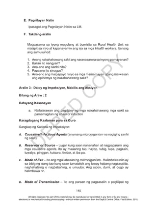 D
EPED
C
O
PY
140
E.	 Pagnilayan Natin
	 Ipasagot ang Pagnilayan Natin sa LM.
F.	 Takdang-aralin
	Magpasama sa iyong magulang at bumisita sa Rural Health Unit na
malapit sa inyo at kapanayamin ang isa sa mga Health workers. Itanong
ang sumusunod:
1.	 Anong nakahahawang sakit ang naranasan na sa inyong pamayanan?
2.	 Kailan ito nangyari?
3.	 Ano-ano ang sanhi nito?
4.	 Papaano ito sinugpo?
5.	 Ano-ano ang maipapayo ninyo sa mga mamamayan upang maiwasan
ang epidemya ng nakahahawang sakit?
Aralin 3: Daloy ng Impeksiyon, Mabilis ang Aksiyon
Bilang ng Araw : 2
Batayang Kasanayan
a.	 Nailalarawan ang pagdaloy ng mga nakahahawang mga sakit sa
pamamagitan ng chain of infection
Karagdagang Kaalaman para sa Guro
Sangkap ng Kadena ng Impeksiyon:
A.	 Causative/Infectious Agents (anumang microorganism na nagiging sanhi
ng sakit)
B.	 Reservoir or Source – Lugar kung saan nananahan at nagpaparami ang
mga causative agents. Ito ay maaaring tao, hayop, tubig, lupa, pagkain,
tuwalya, pinggan, kutsara, tinidor, at iba pa.
C.	 Mode of Exit – Ito ang mga labasan ng microorganism . Halimbawa nito ay
sa bibig ng isang tao kung saan tumatalsik ang laway habang nagsasalita,
naghahatsing o nagbabahing, o umuubo. Ang sipon, dumi, at dugo ay
halimbawa rin.
D.	 Mode of Transmission – Ito ang paraan ng pagsasalin o paglilipat ng
All rights reserved. No part of this material may be reproduced or transmitted in any form or by any means -
electronic or mechanical including photocopying – without written permission from the DepEd Central Office. First Edition, 2015.
 