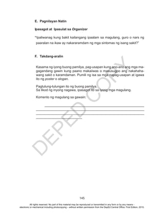 D
EPED
C
O
PY
145
E.	 Pagnilayan Natin
Ipasagot at Ipasulat sa Organizer
“Ipaliwanag kung bakit kailangang ipaalam sa magulang, guro o nars ng
paaralan na ikaw ay nakararamdam ng mga sintomas ng isang sakit?”
F.	 Takdang-aralin
Kasama ng iyong buong pamilya, pag-usapan kung ano-ano ang mga ma-
gagandang gawin kung paano makaiiwas o masusugpo ang nakahaha-
wang sakit o karamdaman. Pumili ng isa sa mga napag-usapan at igawa
ito ng poster o slogan.
Pagtulung-tulungan ito ng buong pamilya.
Sa likod ng inyong nagawa, ipasagot ito sa iyong mga magulang.
Komento ng magulang sa gawain:
	 ______________________________________________________
__	________________________________________________________
__________________________________________________________
_________________________
All rights reserved. No part of this material may be reproduced or transmitted in any form or by any means -
electronic or mechanical including photocopying – without written permission from the DepEd Central Office. First Edition, 2015.
 