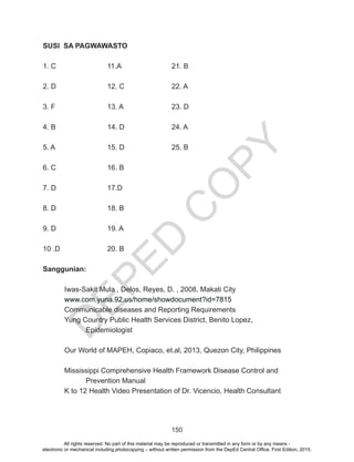 D
EPED
C
O
PY
150
SUSI SA PAGWAWASTO
1. C			11.A			21. B
2. D			12. C			22. A
3. F			13. A			23. D
4. B			14. D			24. A
5. A			15. D			25. B
6. C			 16. B
7. D			17.D
8. D			 18. B
9. D			19. A
10 .D			 20. B
Sanggunian:
	 Iwas-Sakit Mula , Delos, Reyes, D. , 2008, Makati City
	 www.com.yuna.92.us/home/showdocument?id=7815
	 Communicable diseases and Reporting Requirements
	 Yung Country Public Health Services District, Benito Lopez,
		Epidemiologist
	 Our World of MAPEH, Copiaco, et.al, 2013, Quezon City, Philippines
	 Mississippi Comprehensive Health Framework Disease Control and 	
		Prevention Manual
	 K to 12 Health Video Presentation of Dr. Vicencio, Health Consultant
All rights reserved. No part of this material may be reproduced or transmitted in any form or by any means -
electronic or mechanical including photocopying – without written permission from the DepEd Central Office. First Edition, 2015.
 