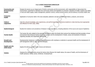 D
EPED
C
O
PY
K to 12 BASIC EDUCATION CURRICULUM
K to 12 Health Curriculum Guide December 2013 Page 63 of 66
GLOSSARY
Community and
Environmental
Health
Situates the learner as an integral part of his/her community and the environment, with responsibility to help protect the
environment, supported by individual and community actions and legislation to promote a standard of health, hygiene and safety
in food and water supply, waste management, pollution control, noxious animal control, and the delivery of primary health care
Consumer
health
Application of consumer skills in the wise evaluation, selection and use of health information, products, and services
Culture-
responsive
Uses the cultural knowledge, prior experiences, and performance styles of diverse students to make learning more appropriate
and effective for them (Gay, 2000)
Epidemiological Studies the incidence and prevalence of disease in large populations, including detection of the source and cause of epidemics
Family Health
The human life cycle related to the personal interactions within the family that nurtures the individual and that provides a home
environment that enhances his/her growth as a person and the development of ideals, values and standards of behavior
regarding sexuality and responsible parenthood
Growth and
Development
Developmental milestones in childhood and adolescence with emphasis on attention to personal health and the development of
self-management skills to cope with life’s changes.
Health and Life
skills-based
Applies life skills to specific health choices and behaviors
Holistic
Analyzes the interrelationship among the factors that influence the health status, the areas of health, and the dimensions of
health (physical, mental, social, emotional, moral/spiritual)
All rights reserved. No part of this material may be reproduced or transmitted in any form or by any means -
electronic or mechanical including photocopying – without written permission from the DepEd Central Office. First Edition, 2015.
 