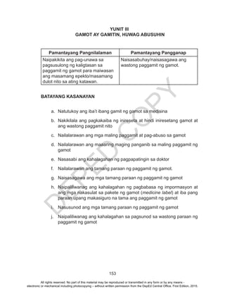 D
EPED
C
O
PY
153
YUNIT III
GAMOT AY GAMITIN, HUWAG ABUSUHIN
Pamantayang Pangnilalaman Pamantayang Pangganap
Naipakikita ang pag-unawa sa
pagsusulong ng kaligtasan sa
paggamit ng gamot para maiwasan
ang masamang epekto/masamang
dulot nito sa ating katawan.
Naisasabuhay/naisasagawa ang
wastong paggamit ng gamot.
BATAYANG KASANAYAN
a.	 Natutukoy ang iba’t ibang gamit ng gamot sa medisina
b.	 Nakikilala ang pagkakaiba ng inireseta at hindi iniresetang gamot at
ang wastong paggamit nito
c.	 Nailalarawan ang mga maling paggamit at pag-abuso sa gamot
d.	 Nailalarawan ang maaaring maging panganib sa maling paggamit ng
gamot
e.	 Nasasabi ang kahalagahan ng pagpapatingin sa doktor
f.	 Nailalarawan ang tamang paraan ng paggamit ng gamot.
g.	 Naisasagawa ang mga tamang paraan ng paggamit ng gamot
h.	 Naipaliliwanag ang kahalagahan ng pagbabasa ng impormasyon at
ang mga nakasulat sa pakete ng gamot (medicine label) at iba pang
paraan upang makasiguro na tama ang paggamit ng gamot
i.	 Nasusunod ang mga tamang paraan ng paggamit ng gamot
j.	 Naipaliliwanag ang kahalagahan sa pagsunod sa wastong paraan ng
paggamit ng gamot
All rights reserved. No part of this material may be reproduced or transmitted in any form or by any means -
electronic or mechanical including photocopying – without written permission from the DepEd Central Office. First Edition, 2015.
 