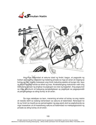 D
EPED
C
O
PY
195
	 Ang mga kalamidad at sakuna tulad ng lindol, bagyo, at pagputok ng
bulkan ay maaring magdulot ng malaking pinsala sa mga ari-arian at maging sa
buhay ng tao. Upang maiwasan ang hindi mabuting epekto at bunga nito, tayo
ay dapat maging handa sa lahat ng oras. Kinakailangang matutuhan natin ang
iba’t ibang paraan ng angkop na pagtugon sa oras ng kagipitan. Ang pagsunod
sa mga alituntunin at batayang pangkaligtasan ay pagtitiyak sa pagpapanatili
at pangangalaga sa ating buhay at ari-arian.
	 Sa mga nakalipas na taon, maraming ari-arian at buhay na ang nasira
at nawala dahil sa walang kahandaan sa sakuna at kalamidad. Nararapat na
ito ay hindi na maulit pa sa pamamagitan ng pag-aaral ukol sa paghahanda sa
mga inaasahan at di-inaasahang sakuna at kalamidad na makapagdudulot ng
pinsala sa ating buhay at ari-arian.
All rights reserved. No part of this material may be reproduced or transmitted in any form or by any means -
electronic or mechanical including photocopying – without written permission from the DepEd Central Office. First Edition, 2015.
 
