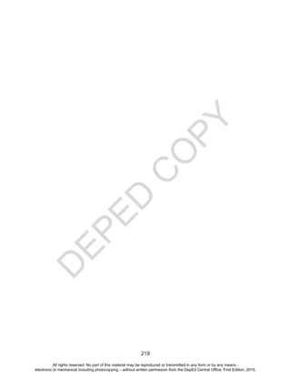 D
EPED
C
O
PY
218
All rights reserved. No part of this material may be reproduced or transmitted in any form or by any means -
electronic or mechanical including photocopying – without written permission from the DepEd Central Office. First Edition, 2015.
 