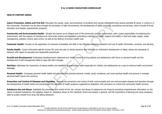 D
EPED
C
O
PY
K to 12 BASIC EDUCATION CURRICULUM
K to 12 Health Curriculum Guide December 2013 Page 4 of 66
HEALTH CONTENT AREAS
Injury Prevention, Safety and First Aid: Discusses the causes, costs, and prevention of accidents and injuries while performing various activities at home, in school or in
the community. Prevention can be done through the promotion of safe environments, the development of safety programs, procedures and services, which includes first aid
education and disaster preparedness programs.
Community and Environmental Health: Situates the learner as an integral part of the community and the environment, with a great responsibility of protecting the
environment, with the support of individual and community actions and legislation promoting a standard of health, hygiene and safety in food and water supply, waste
management, pollution control, pest control, as well as the delivery of primary health care.
Consumer Health: Focuses on the application of consumer knowledge and skills in the effective evaluation, selection and use of health information, products, and services.
Family Health: Covers information on the human life cycle and also on family dynamics that influence an individual’s development of ideals, values and standards of
behavior with regard to sexuality and responsible parenthood.
Growth and Development: Emphasizes developmental milestones and health concerns during puberty and adolescence with focus on personal health and the
development of self-management skills to cope with life’s changes.
Nutrition: Addresses the importance of eating healthy and establishing good eating habits especially for children and adolescents as a way to enhance health and prevent
diseases.
Personal Health: Comprises personal health habits and practices that promote physical, mental, social, emotional, and moral-spiritual health and prevent or manage
personal health issues and concerns.
Prevention and Control of Diseases and Disorders: Involves the prevention and control of both communicable and non-communicable diseases and disorders through
the development of health habits and practices and the adoption of health programs supported by legislation with provisions on school and community health services.
Substance Use and Abuse: Highlights the prevention and control of the use, misuse, and abuse of substances and drugs by providing comprehensive information on the
nature of abused substances, the negative impact of substance abuse on the individual, family and society in general; and the importance of learning and using resistance
skills to protect oneself from drug risk-taking behaviors.
All rights reserved. No part of this material may be reproduced or transmitted in any form or by any means -
electronic or mechanical including photocopying – without written permission from the DepEd Central Office. First Edition, 2015.
 