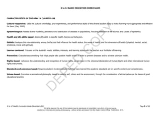 D
EPED
C
O
PY
K to 12 BASIC EDUCATION CURRICULUM
K to 12 Health Curriculum Guide December 2013 Page 5 of 66
CHARACTERISTICS OF THE HEALTH CURRICULUM
Culture-responsive: Uses the cultural knowledge, prior experiences, and performance styles of the diverse student body to make learning more appropriate and effective
for them (Gay, 2000).
Epidemiological: Relates to the incidence, prevalence and distribution of diseases in populations, including detection of the sources and causes of epidemics.
Health and Life skills-based: Applies life skills to specific health choices and behaviors.
Holistic: Analyzes the interrelationship among the factors that influence the health status, the areas of health, and the dimensions of health (physical, mental, social,
emotional, moral and spiritual).
Learner-centered: Focuses on the student's needs, abilities, interests, and learning styles with the teacher as a facilitator of learning.
Preventive: Characterizes something that helps people take positive health action in order to prevent diseases and to achieve optimum health.
Rights-based: Advances the understanding and recognition of human rights, as laid down in the Universal Declaration of Human Rights and other international human
rights instruments.
Standards and outcomes-based: Requires students to demonstrate that they have learned the academic standards set on specific content and competencies.
Values-based: Promotes an educational philosophy based on valuing self, others and the environment, through the consideration of ethical values as the bases of good
educational practice.
All rights reserved. No part of this material may be reproduced or transmitted in any form or by any means -
electronic or mechanical including photocopying – without written permission from the DepEd Central Office. First Edition, 2015.
 