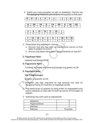 D
EPED
C
O
PY
117
2.	 Ipakita ang unang pangalan ng sakit na tatalakayin. Gamitin ang
Karagdagang Kaalaman para sa Guro bilang gabay sa diskusyon.
3.	 Pangunahan ang paglalagom. Itanong:
a.	 Ano-ano muli ang mga sakit na makukuha sa marumi at hindi
ligtas na pagkain at inumin?
b.	 Ano-ano ang dapat nating gawin upang makaiwas sa mga ito?
C. Pagsikapan Natin
Ipagawa ang Gawain sa LM.
D. Pagyamanin Natin
Tumawag ng limang mag-aaral ang ipasagot ang gawain sa LM.
E. Pagnilayan Natin
Ulat Pangkalusugan
Ipagawa ang gawain sa LM.
1.	Pangkatin ang mga mag-aaral sa mga grupong may apat (4)
hanggang limang (5) miyembro at magtalaga ng lider.
2.	 Ang bawat grupo ay gagawa ng isang poster na nagpapakita kung
paano makaiwas sa mga sakit na dulot ng marumi at hindi ligtas na
pagkain.
3.	 Ipaliwanag ang rubric para sa pagwawasto.
Nilalaman 5
Pagkamalikhain 3
Kalinisan 2
Kabuuan 10 puntos
All rights reserved. No part of this material may be reproduced or transmitted in any form or by any means -
electronic or mechanical including photocopying – without written permission from the DepEd Central Office. First Edition, 2015.
 
